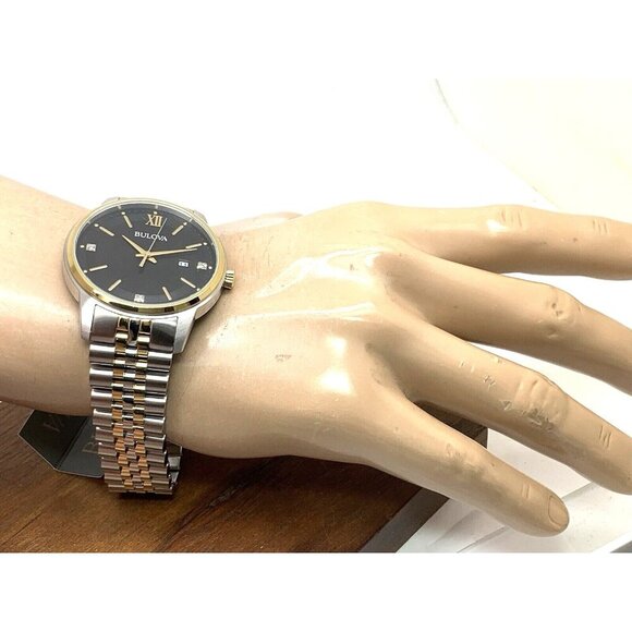 Bulova Mens Watch 98D163 Black Dial Diamond Accent Quartz Two Tone Steel - Picture 5 of 14